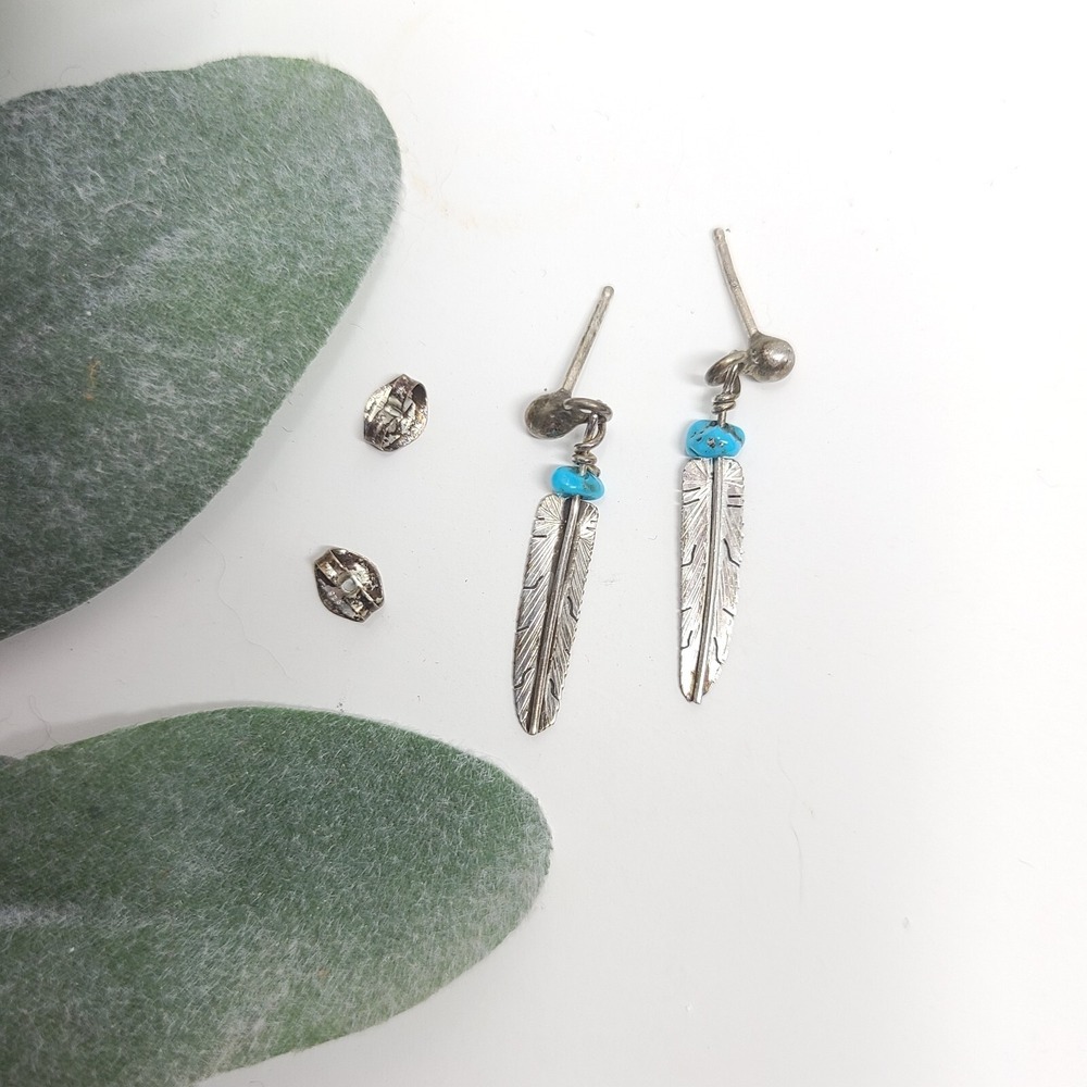 Vintage Sterling Silver Turquoise Feather Earrings